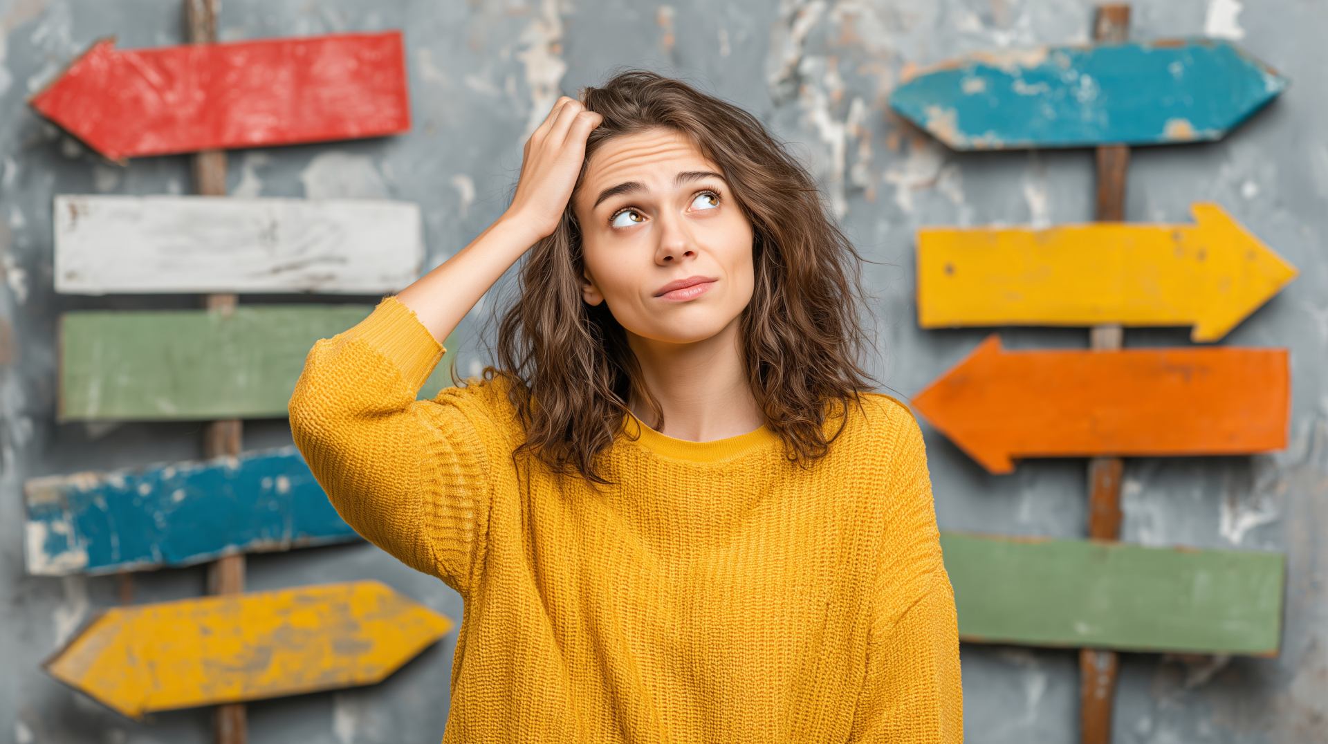 Junge Frau in gelbem Pullover mit fragendem Gesichtsausdruck rauft sich die Haare